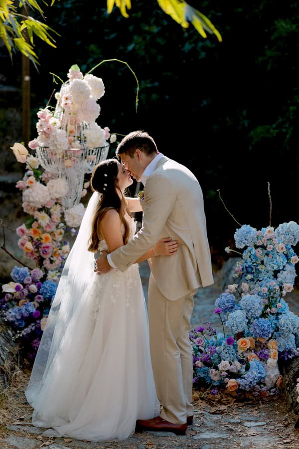 Pastel Colored Wedding Ceremony Stone Bridge Casale Panayiotis